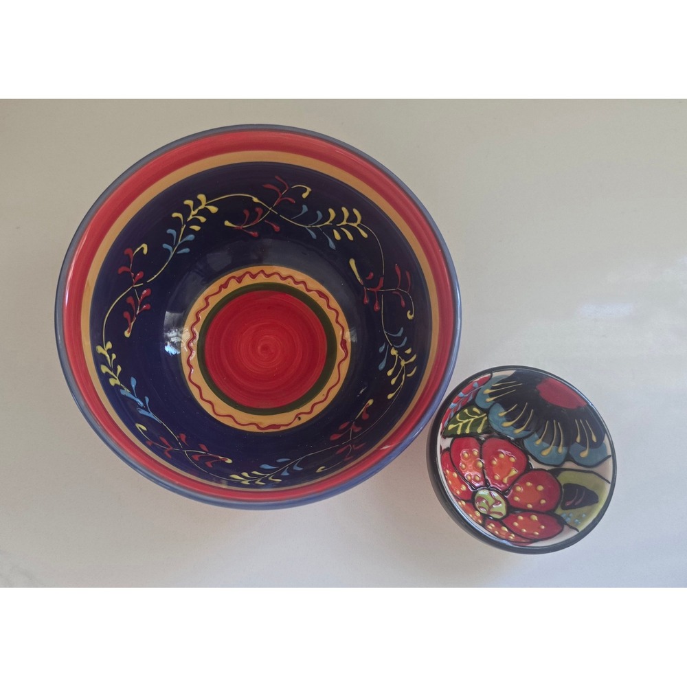 De La Rosa Palo Handpainted Ceramic Serving Bowl Set Red Blue Floral 2 Piece